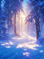 Fototapeta premium Enchanting Winter Wonderland: Anime-Style Forest Snowscape in 8K Resolution. Masterful Digital Art Depicting Serene Snowy Forest with Vibrant Blue Sky. Perfect for Creative Marketing, Book Illustratio