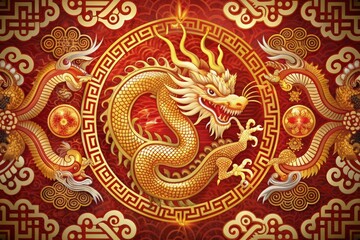 Obraz premium Vibrant modern art design set in red, gold, and white features stylized Dragon zodiac symbol, hieroglyphics, and abstract patterns for festive Chinese New Year celebrations.