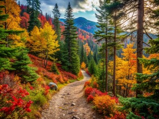 Naklejka premium Vibrant autumn colors of fallen leaves and evergreen trees blur in the background as a winding mountain trail stretches into the distance.