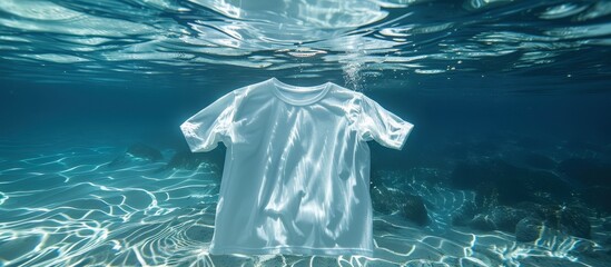 Naklejka premium White T-Shirt Floating Underwater in Clear Blue Ocean with Sunlight Reflections