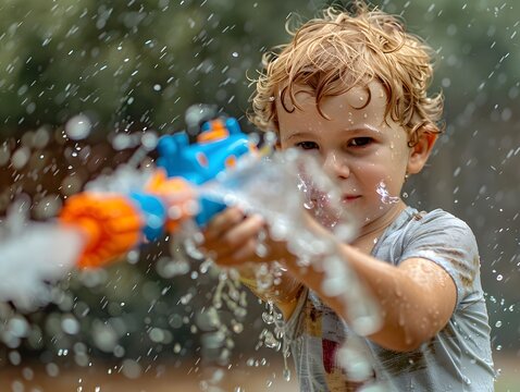 Child playing with a water gun during a summer day outdoors, splashing water joyfully while wearing a wet t-shirt