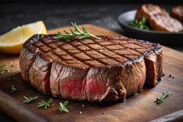 Beef steak on wooden board with rosemary on dark background, close-up