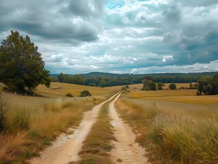 Obraz premium Dirt road winding through a rural landscape under a cloudy sky in the countryside