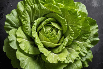 Obraz premium Fresh cabbage with dew drops close-up, top view