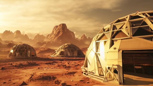 Futuristic colony base with domes on rocky mars planet, mountains in background. Space manned mission on red planet. Futuristic exploration and planet colonization concept, adventure. Science fiction