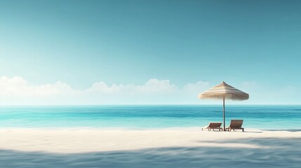 Fototapeta premium Tranquil beach with sunbeds and umbrella under a clear sky in the morning light