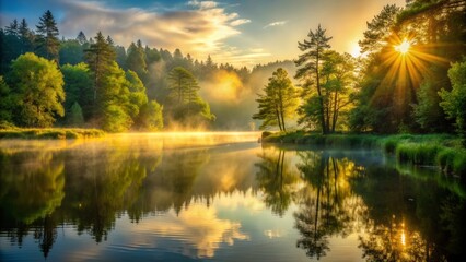 Obraz premium Serene lake scene at dawn, gentle mist surrounds calm waters, golden light spills through, illuminating lush green forest, creating a peaceful atmospheric landscape.