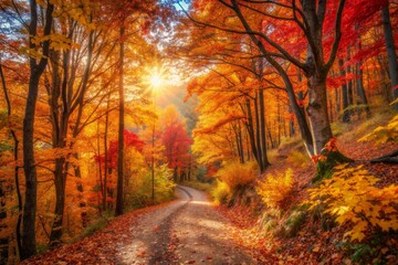 Fototapeta premium Vibrant autumn foliage surrounds a winding hiking trail, ablaze with warm golden light, showcasing nature's stunning diverse color palette of orange, red, and yellow hues.