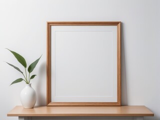 Blank Picture Frame on Wooden Shelf with Plant