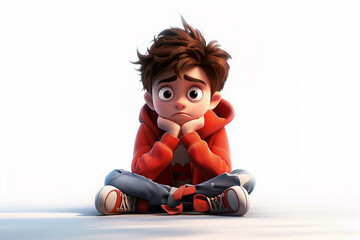 Sad stressed upset cartoon character boy kid child young male person sitting on floor wearing red hoodie in 3d style design on light background. Human people feelings expression concept