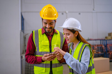 Blue collar workers are using smart phone at warehouse.