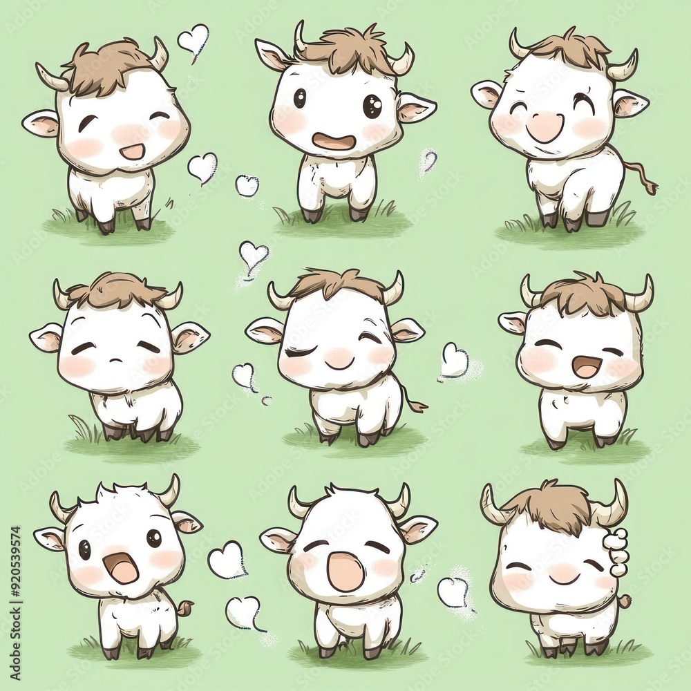 Wall mural Nine cute cartoon cows in different poses and expressions with hearts around them on a green background.