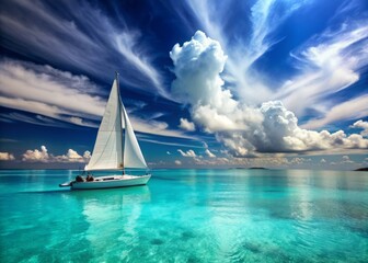 Fototapeta premium Serene sailboat glides effortlessly across calm turquoise waters, its white sails billowing in the gentle breeze, under a brilliant blue summer sky with puffy white clouds.