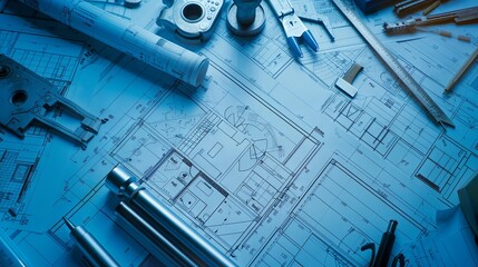 Designer tools and blueprints set against a panoramic view of a construction site