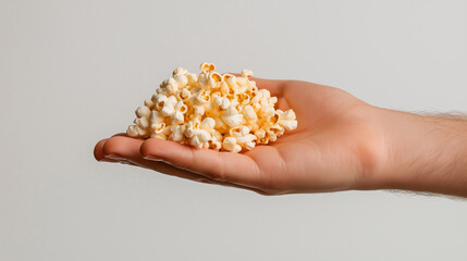 Fototapeta premium A hand holding a generous portion of popcorn. The popcorn appears fresh, with a light golden hue and some unpopped kernels. The hand is depicted from the wrist up, with visible fingers