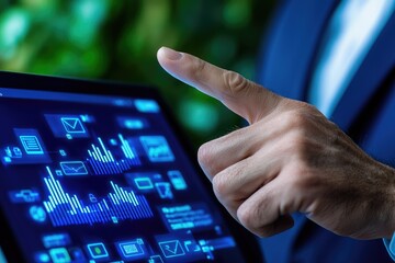 A business professional interacts with a digital tablet displaying data analytics and graphs in a modern environment.