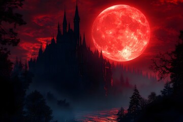 Fantasy landscape with a spooky castle rising above the forest with a big red blood moon in the background