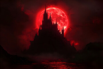 Creepy gothic castle emerging from the fog with a giant red moon background for halloween illustration