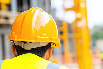 A construction worker in a bright yellow hard hat and vest, focused on a busy construction site in the background.