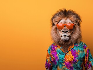 Obraz premium A fun lion character wearing sunglasses and a vibrant shirt against a bright orange background. Perfect for playful designs.