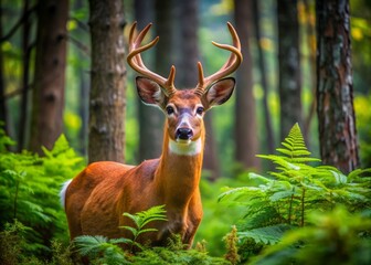 Fototapeta premium Majestic white-tailed deer with gentle eyes and rust-colored fur grazes peacefully in a serene forest surrounded by tall trees and vibrant green foliage.