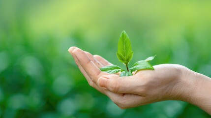 A hand gently holds a young plant, symbolizing growth, nature, and environmental care. Perfect for eco-friendly themes.