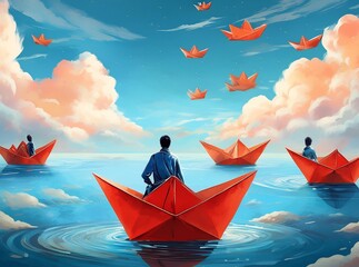 People  on origami red paper boats, Imagination, illustration painting
