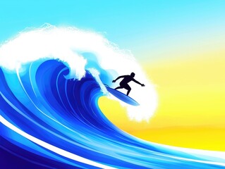 A vibrant illustration of a surfer riding a large wave at sunset, showcasing the excitement of water sports and ocean colors.