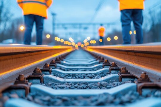 Close-up view of railway tracks with workers in safety vests, highlighting infrastructure maintenance during twilight hours.