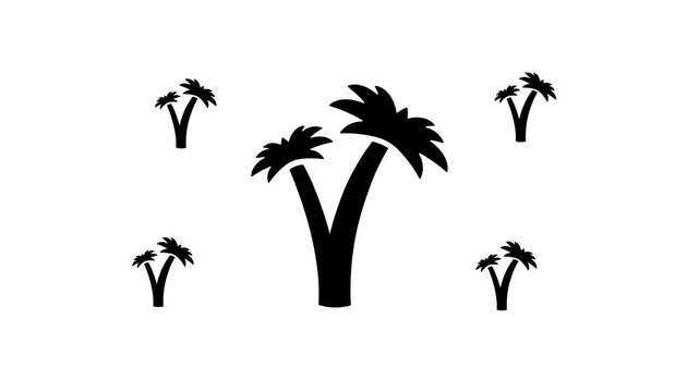Zoom in and out animation the palm trees symbol. Large black symbol in the center and four small symbols around. Seamless looped 4k animation on white background