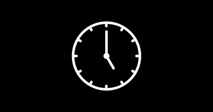 White clock on black background animation day time. Footage. Transparent background. Alpha channel.