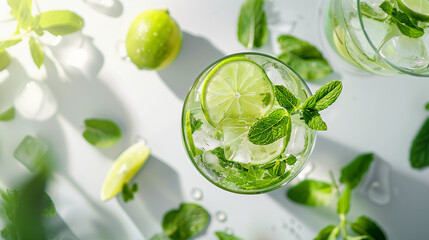 lime mojito in a glass, filled with fresh lime slices, mint leaves, and ice cubes, placed on a clean white background