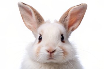 Fototapeta premium Adorable white rabbit with bright brown eyes and fluffy whiskers, isolated on transparent background, showcasing its gentle features in a studio setting.