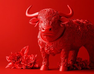 Fototapeta premium Chinese Zodiac Sturdy 3D Red Art Background for the Year of the Ox, Signifying Strength and Diligence in a Vibrant Celebration.