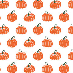 Pumpkin seamless pattern. Cute orange pumpkin white background. Autumn holiday hand drawn design for Harvest Festival, Halloween or Thanksgiving. Vector illustration.