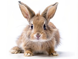 Obraz premium Adorable fluffy rabbit with twitching whiskers and bright eyes runs energetically on floor, sniffing surroundings with curiosity, isolated on transparent background.