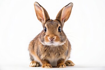 Obraz premium Adorable brown rabbit with bright curious eyes and twitching whiskers sits quietly on a pristine white floor, isolated on a transparent background.
