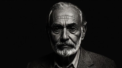 Fototapeta premium Generative AI, A dramatic black-and-white portrait of an elderly man with a solemn expression, emphasizing his wisdom and life experience through deep shadows and stark contrast.