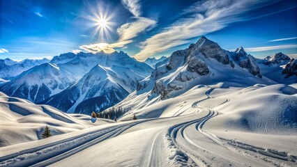 Snow-capped mountains loom in the background as a solitary set of ski tracks carve through powdery snow on a steep, rugged downhill slope.