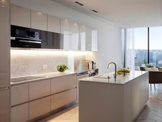 Smart Home Kitchen with sleek, modern appliances and soft lighting