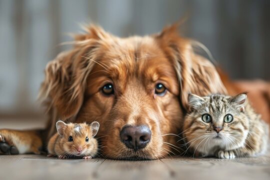 A golden retriever rests alongside a tabby cat and a hamster indoors, close up