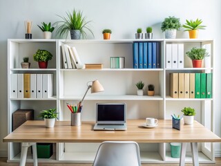 Clean and organized workspace setup, empty desk with neatly arranged books and office supplies against a white background, providing ample copy space.