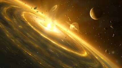 Majestic Gas Giant in Space with Swirling Storms and Planetary Orbits