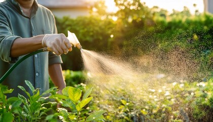 Handheld Sprayer Watering Vibrant Green Plants in Garden During Bright Day