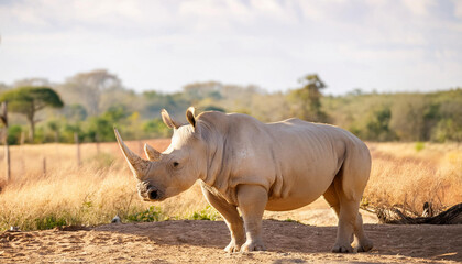 Obraz premium White Rhinoceros Standing in a Sunny and Copy Space