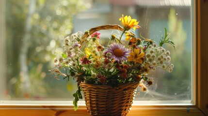 Basket of Flowers by Window