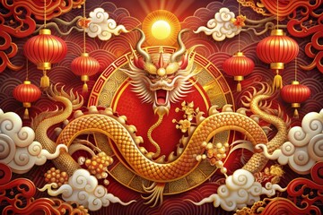 Fototapeta premium Vibrant modern art design featuring Chinese New Year 2025 elements, majestic Dragon symbol, and auspicious red, gold, and white hues for eye-catching covers, cards, posters, and banners.