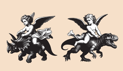 Cute little baby angel cupid riding a dinosaur set. Vintage black and white engraving vector illustration. Abstract artwork, print, tattoo © Victoria