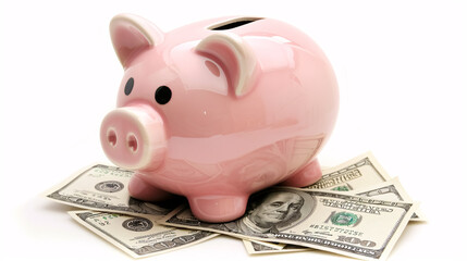 American dollars being inserted into a piggy bank, illustrating saving money, wealth, and financial concepts on a white background.