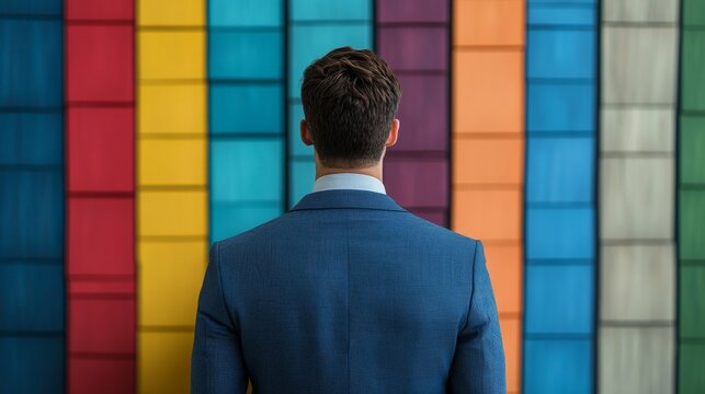 A man in a blue suit stands against a vibrant, colorful wall, embracing creativity and professionalism in a modern setting.